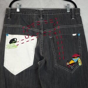 Vntg Streetwear Jeans Mens 36/ 38 Gray Black Straight Relaxed Embroidered Y2K